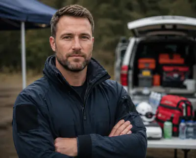 Jake R., FEMA-certified emergency response coordinator, beside his emergency response vehicle