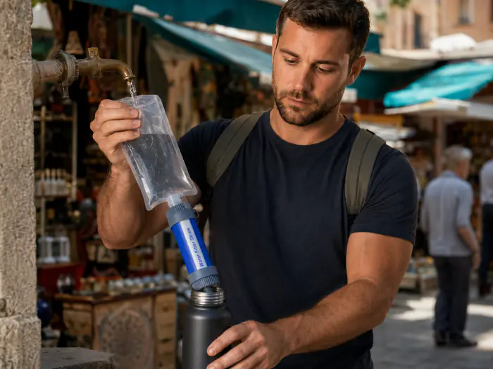 Traveler using the Survival Sip water filter at a street market abroad
