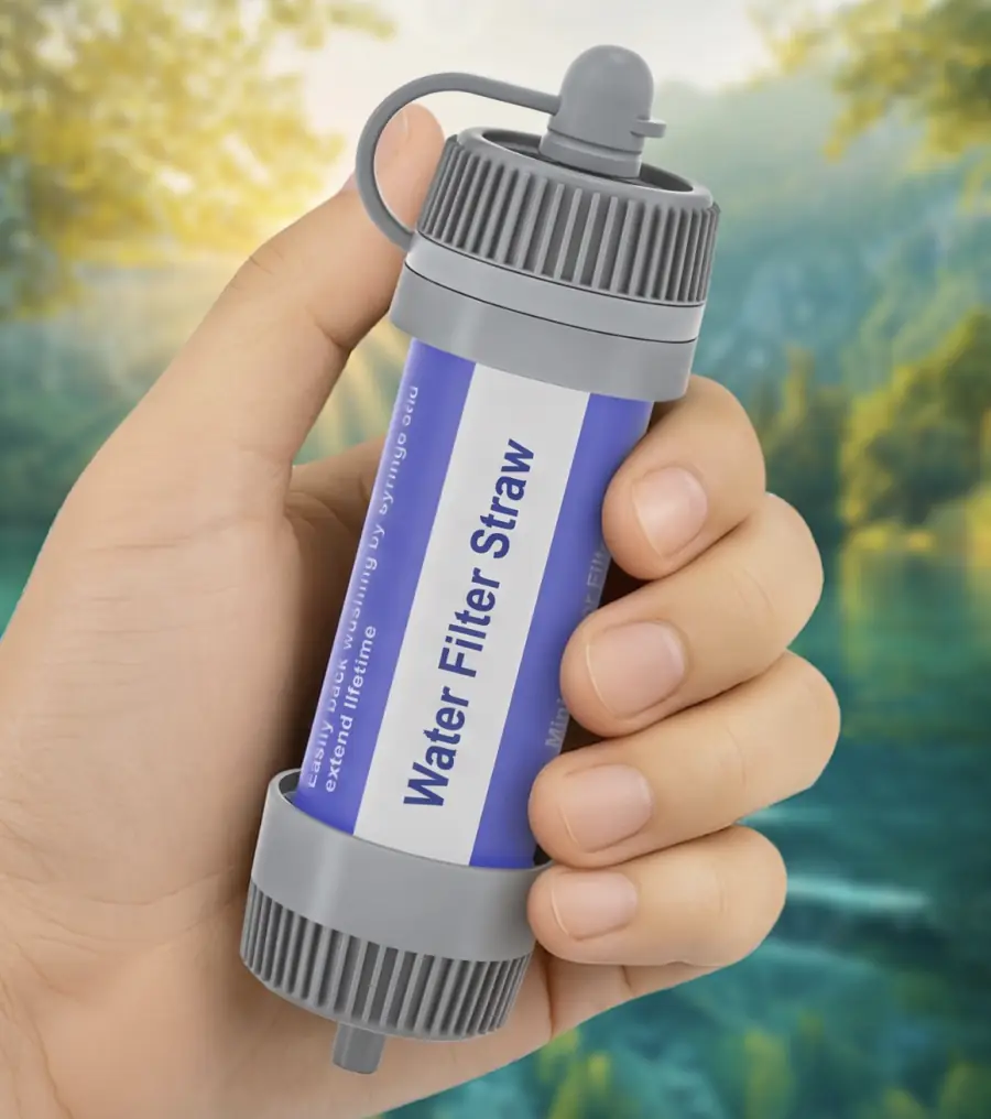 Hand holding the Survival Sip hollow-fiber water filter straw outdoors