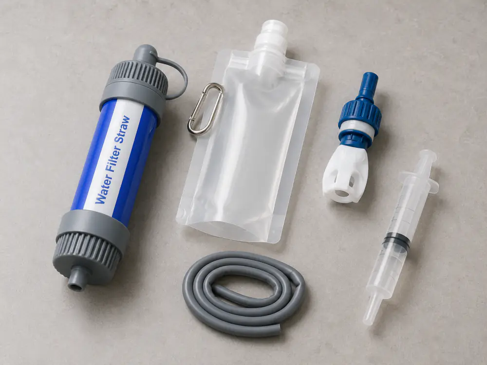 Survival Sip kit contents laid out: filter straw, squeeze pouch, cleaning syringe, carabiner and hose
